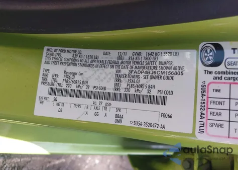 2012 Ford Fiesta Se из США, поврежденный, VIN 3FADP4BJ6CM156805